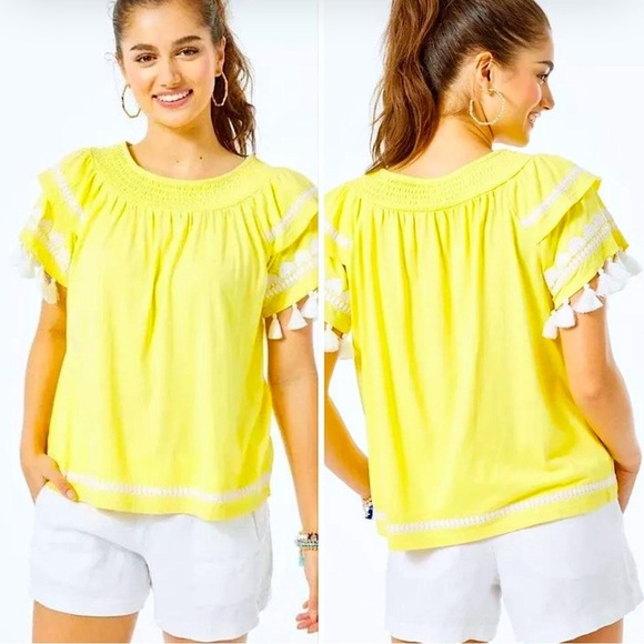 Lilly Pulitzer Tops - Lilly Pulitzer Nailah Tassel Sleeve Lillys Lemon Pima Cotton Women's Top Sz M